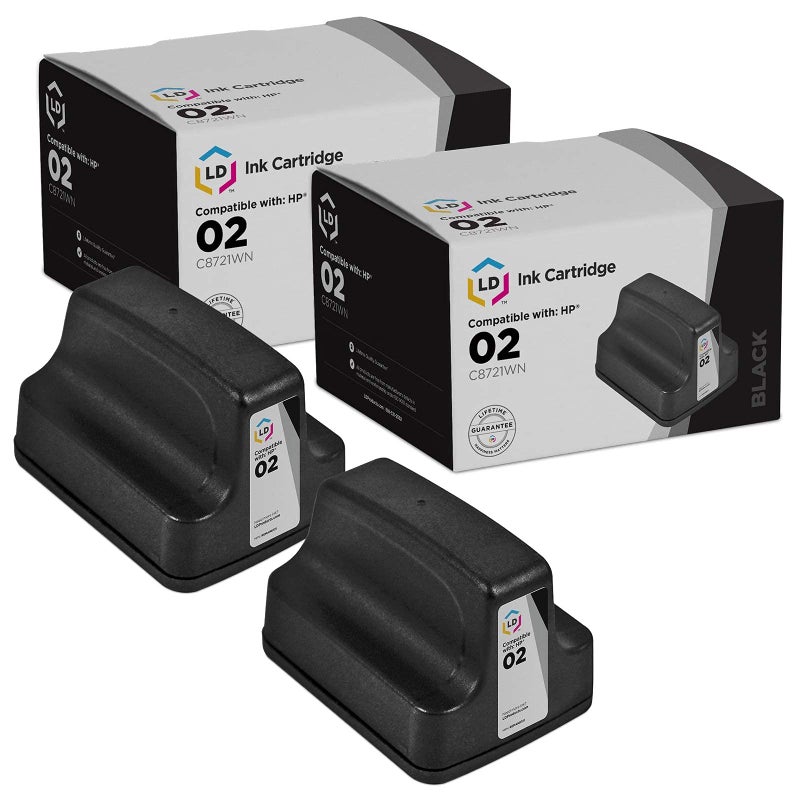 LD Products Remanufactured Replacement for HP 02 Ink Cartridges C8721WN with Smart Chip (Black, 2-Pack) for PhotoSmart C5180 C6180 C6280 C7250 C7280 C8180 D7145 D7155 D7160 D7168 D7245 D7255 D7260 - Image 1